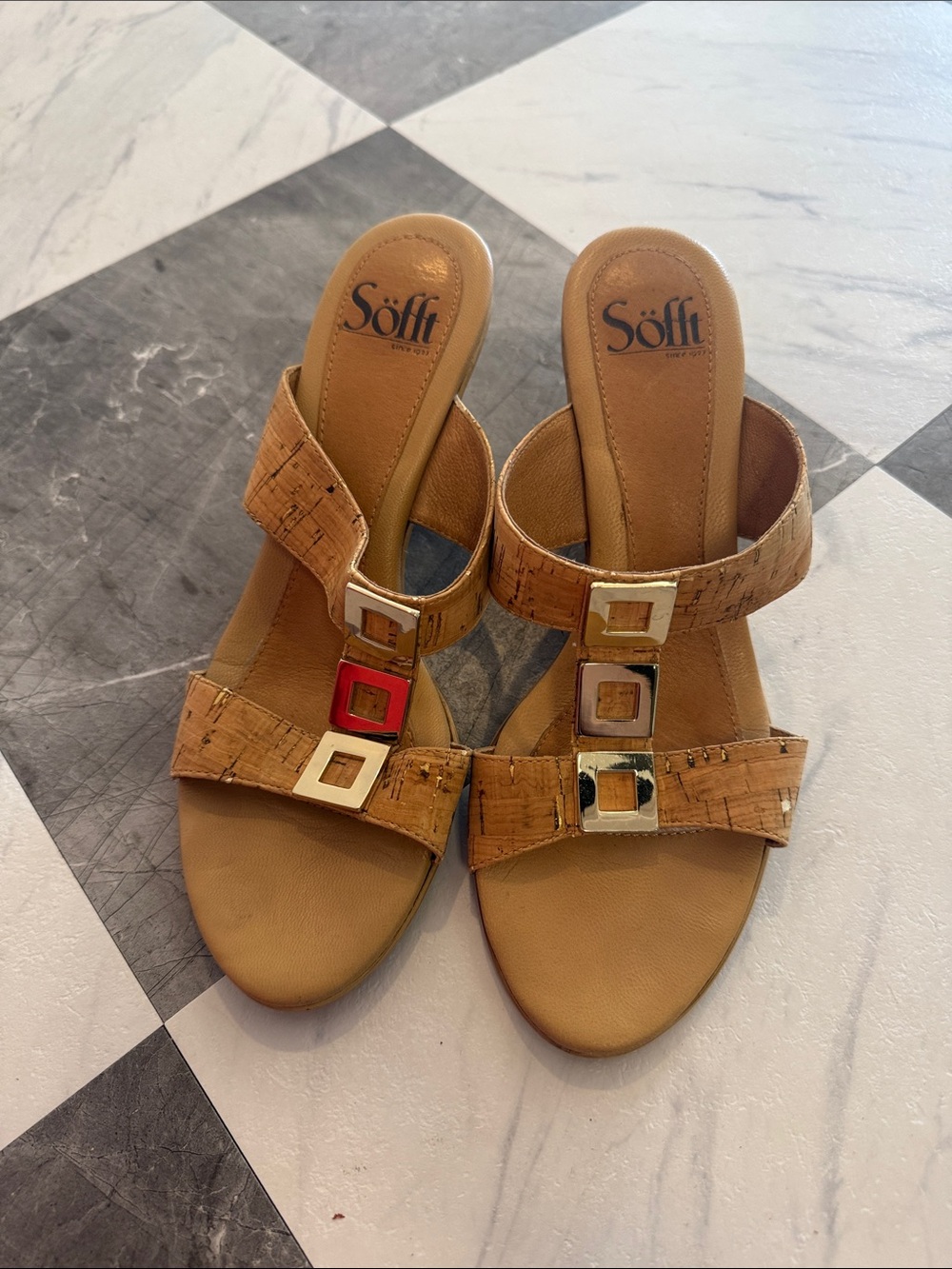 Söfft Tan Cork Slide Mules with Decorative Square Accents